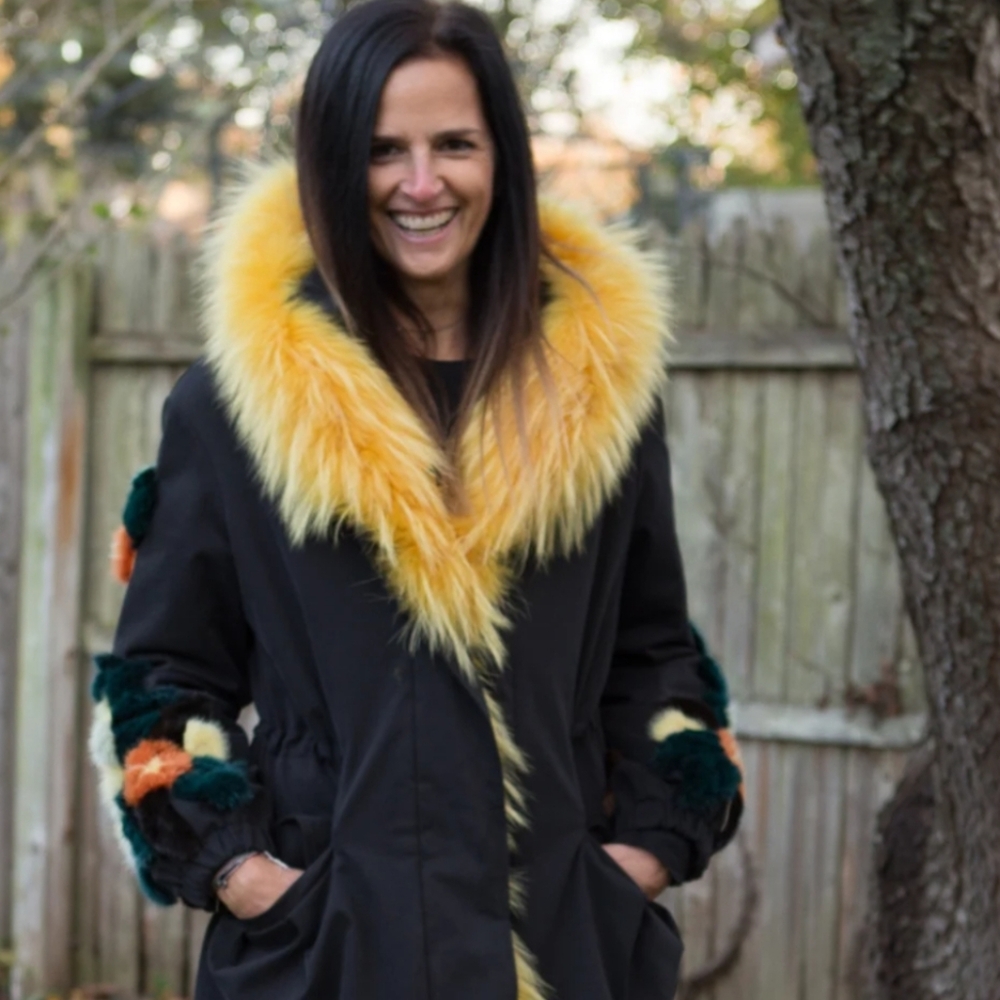 Women's Black Jacket with Yellow Fox Fur Trim And Mink Trim On Sleeves